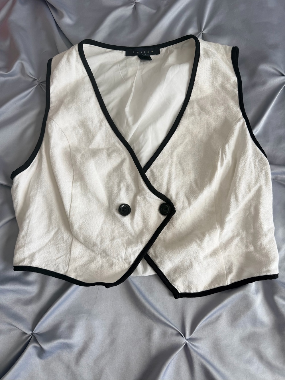 Tulle White Textured Sleeveless Wrap Vest with Black Trim